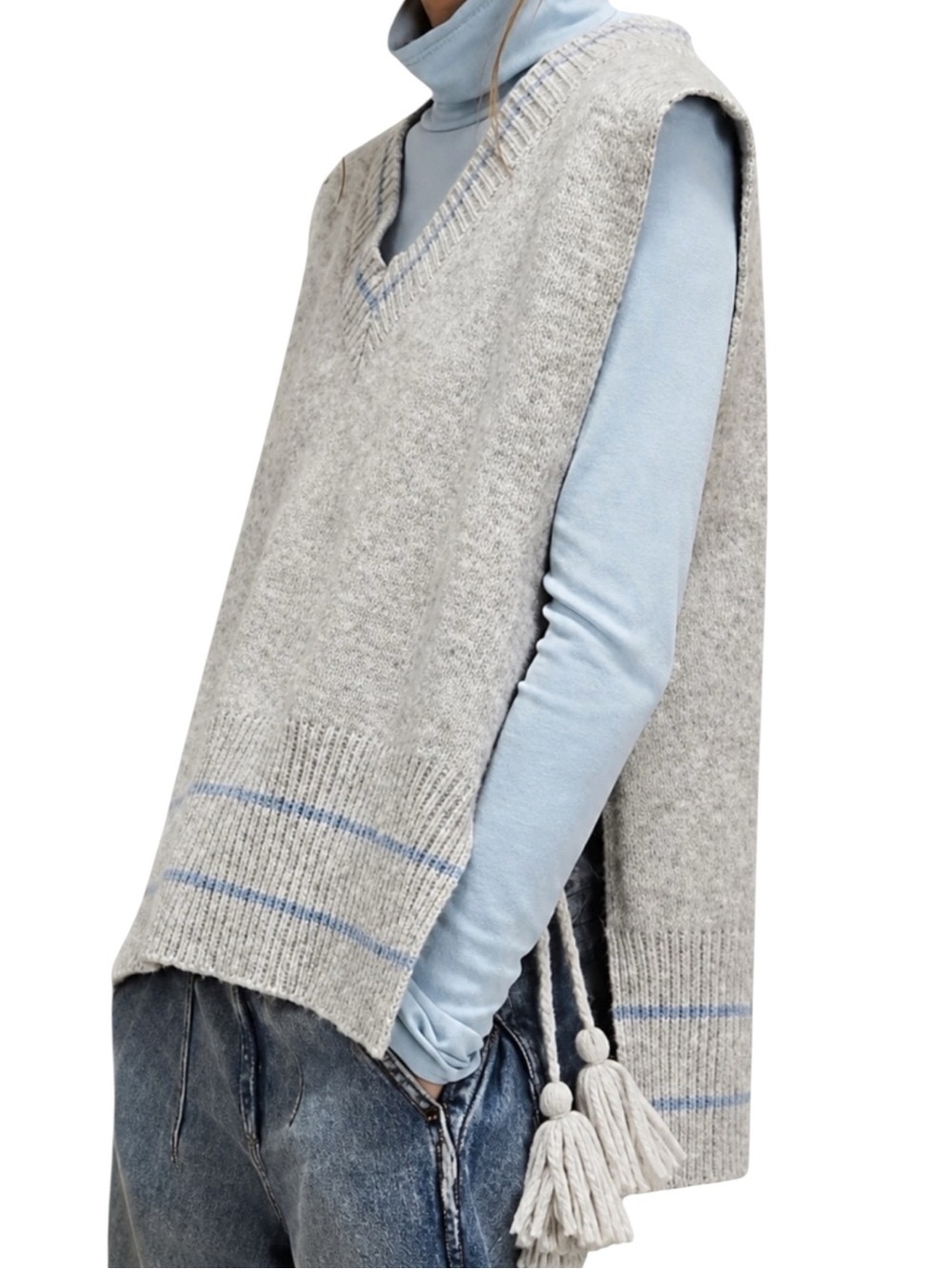 Free People All Star Stripe Poncho Sweater Tassel Ties Gray One Size